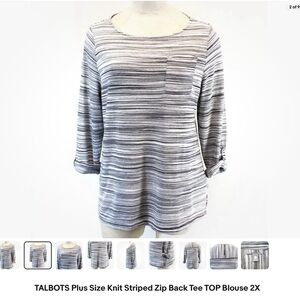 Talbots Women's Plus Size Knit Striped Zip Back Tee Top - Gray
